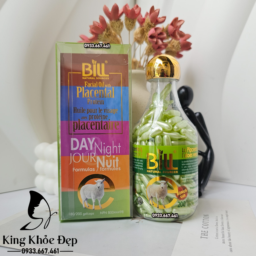 Viên Bôi Dưỡng Da Nhau Thai Cừu Nha Đam & Vitamin E 200 Viên Chính Hãng Bill Natural Sources – Serum Viên Dưỡng Ẩm & Phục Hồi Da