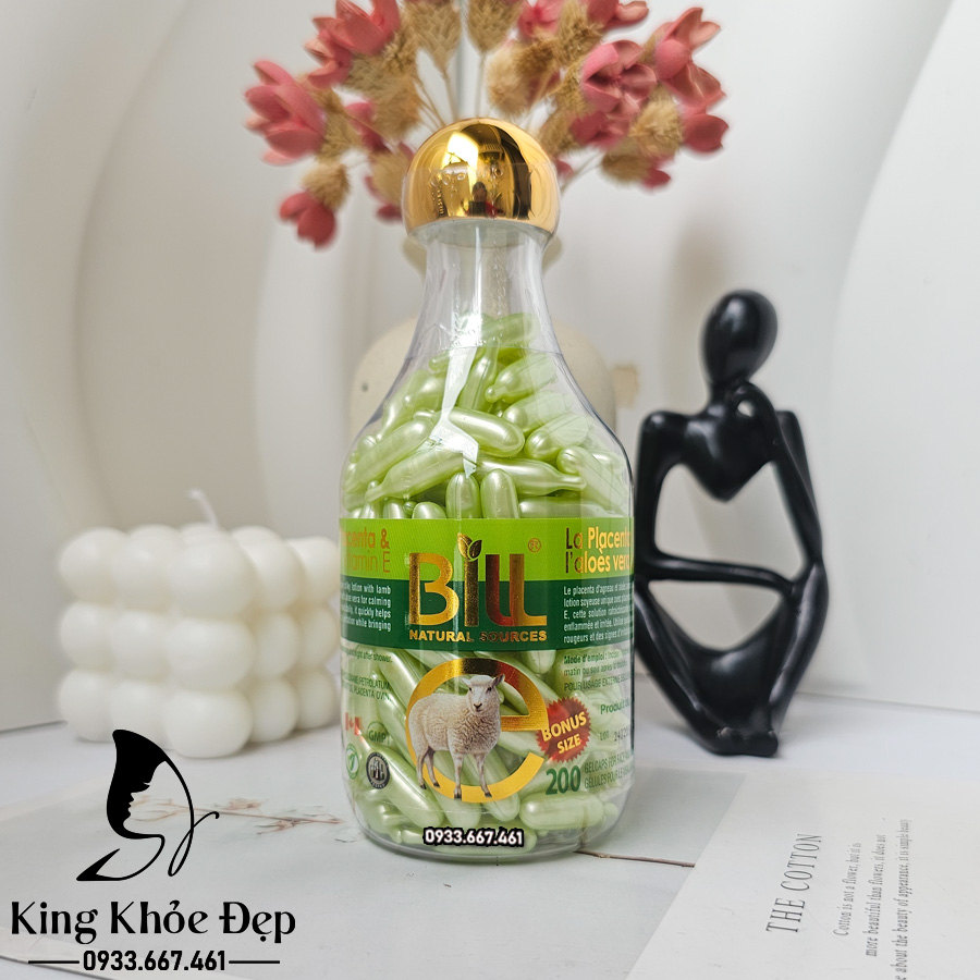 Viên Bôi Dưỡng Da Nhau Thai Cừu Nha Đam & Vitamin E 200 Viên Chính Hãng Bill Natural Sources – Serum Viên Dưỡng Ẩm & Phục Hồi Da